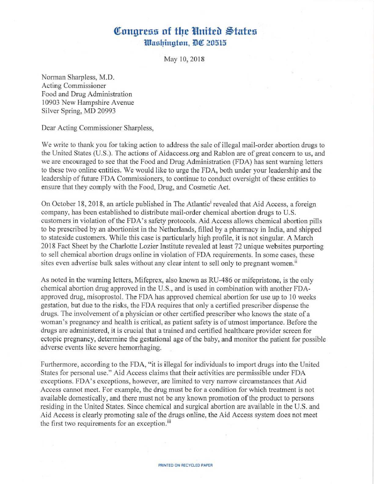 Republic members of US congress letter to FDA May 2019