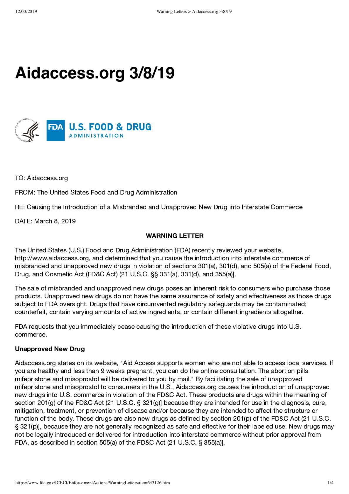Warning letter FDA Aid Access